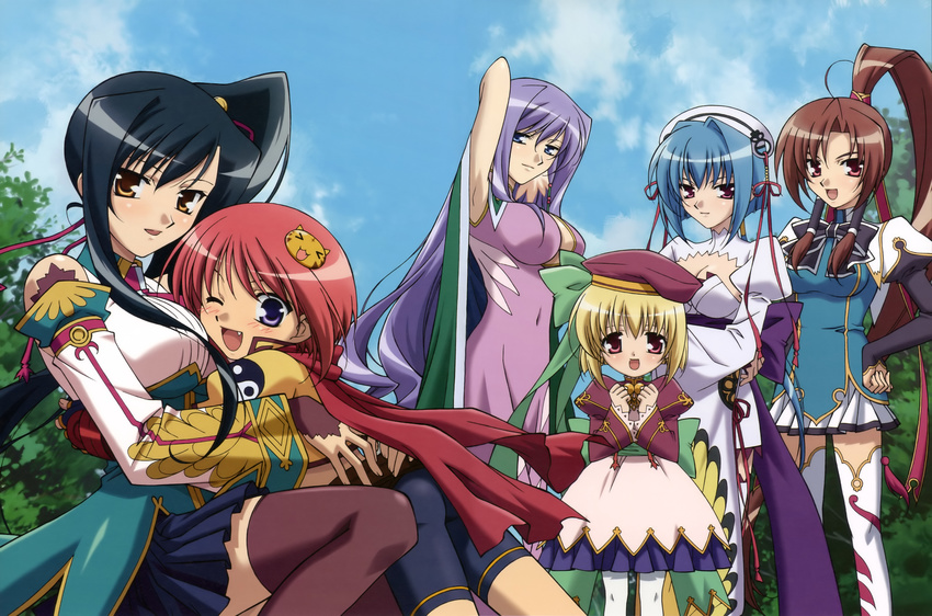 absurdres bachou black_hair black_legwear blonde_hair blue_eyes blue_hair blush brown_hair chouhi chouun cloud day detached_sleeves detexted hair_ribbon hand_on_hip hat highres hug kan'u koihime_musou kouchuu long_hair multiple_girls non-web_source official_art one_eye_closed ooshima_miwa open_mouth pink_eyes ponytail purple_eyes purple_hair red_hair ribbon scarf shokatsuryou shorts sky thighhighs third-party_edit very_long_hair white_legwear zettai_ryouiki