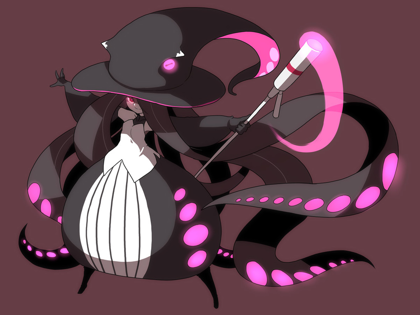 gloves hair_over_one_eye hat ken_(koala) light living_clothes long_hair looking_at_viewer octopus octopus_costume original red_eyes simple_background smile solo staff standing very_long_hair witch_hat