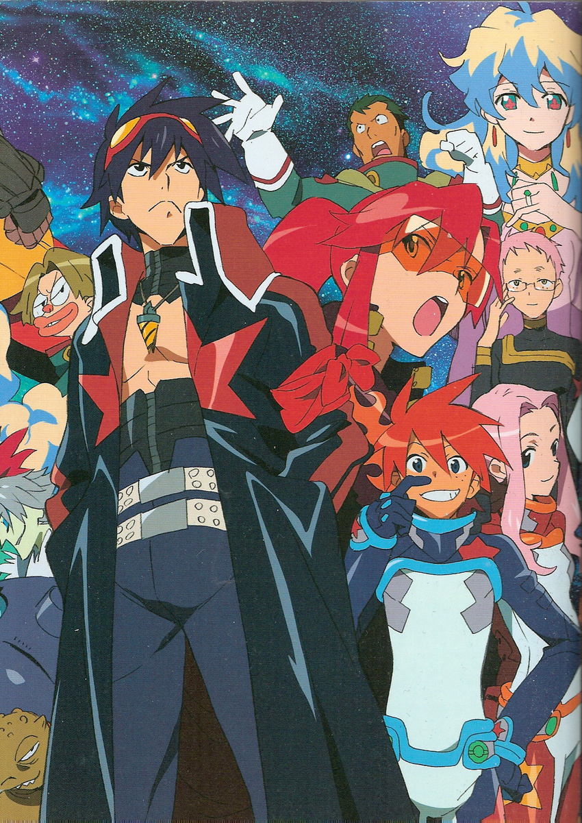 5boys attenborough_cortitch cybela_kuto cytomander darry_adai dayakka gimmy guame highres multiple_boys multiple_girls nia_teppelin nishigori_atsushi official_art scan simon space tengen_toppa_gurren_lagann yoko_littner