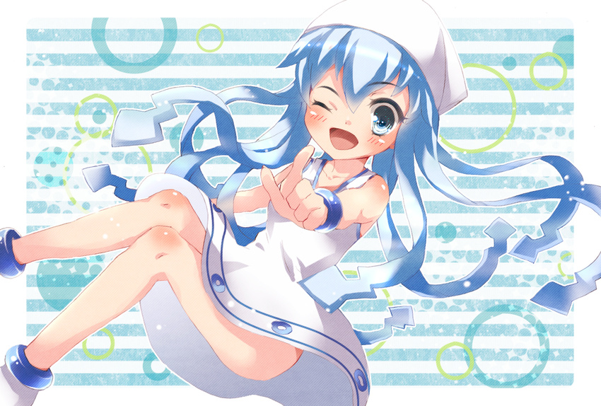 bad_id bad_pixiv_id blue_eyes blue_hair blush collarbone dress ikamusume no_panties one_eye_closed open_mouth pointing shinryaku!_ikamusume solo tentacle_hair tentacles tottsuan