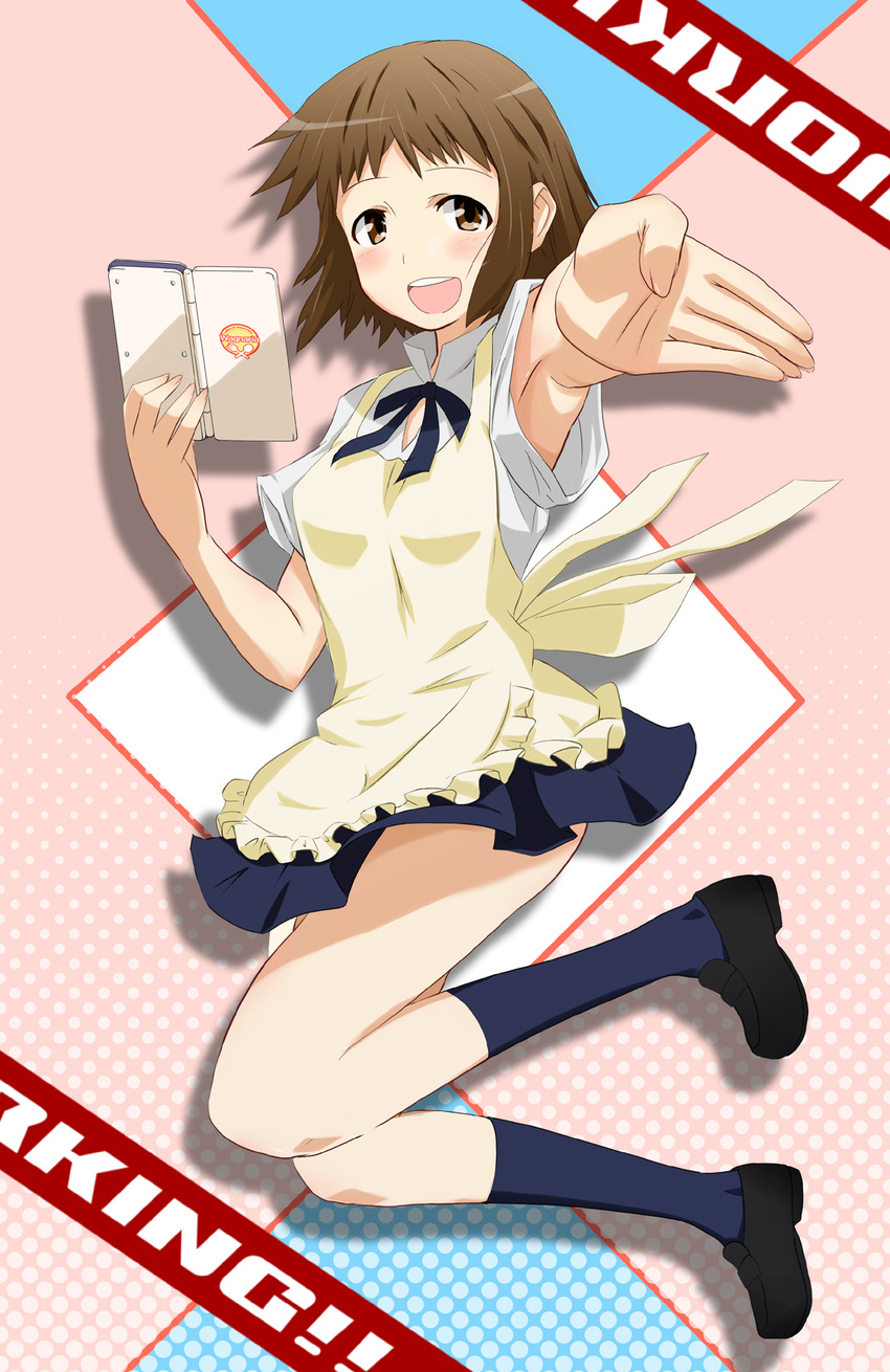 apron armpits brown_eyes brown_hair foreshortening hands highres kneehighs legs menu short_hair skirt solo takanashi_nazuna waitress working!! yokoshima_(euphoria)