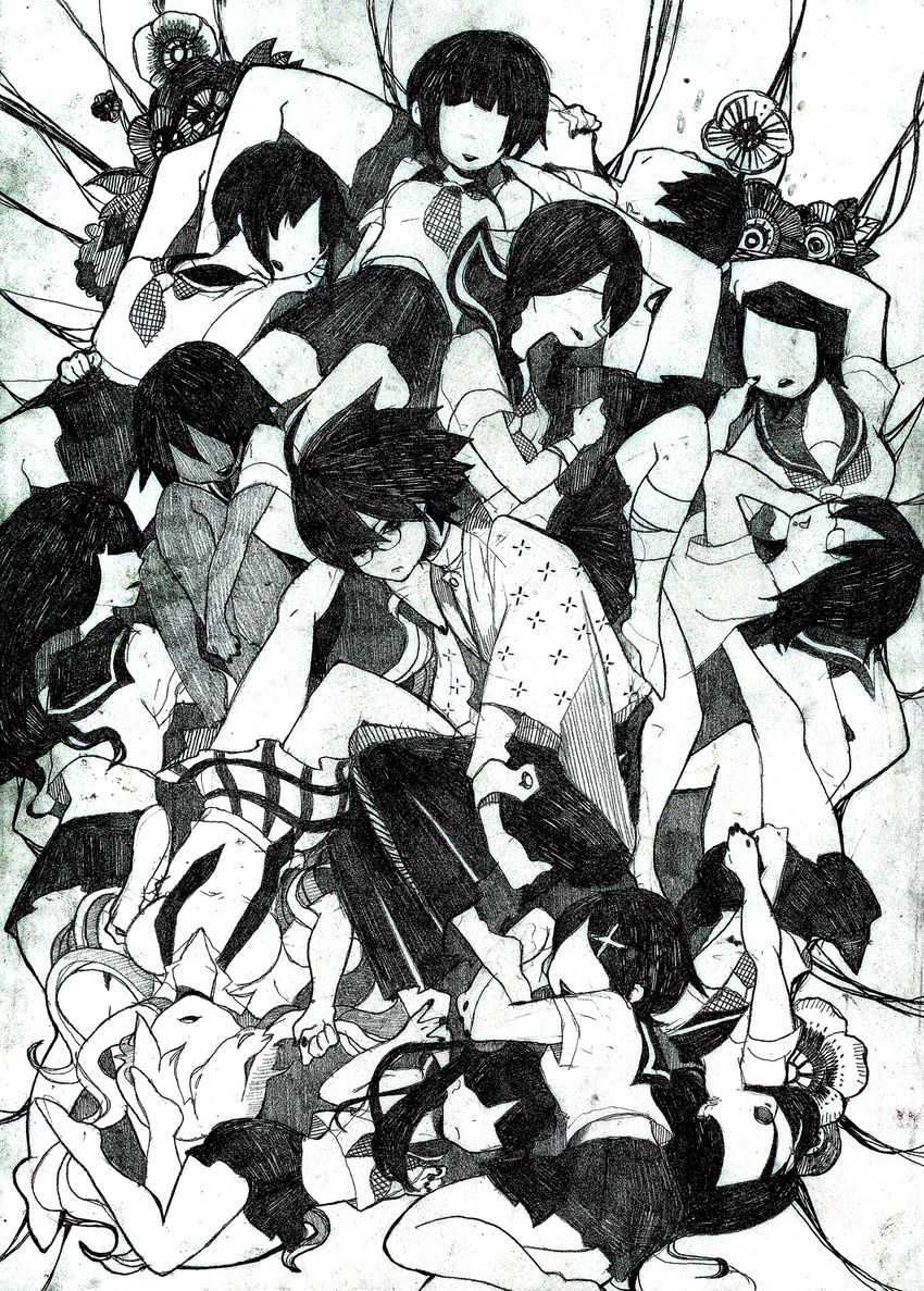 6+girls absurdres ahoge bad_id bad_pixiv_id bandages bangs barefoot black_hair blunt_bangs bob_cut braid charcoal_(medium) chinamo dark_skin everyone faceless fetal_position flower fujiyoshi_harumi fuura_kafuka glasses greyscale hair_bobbles hair_ornament hairclip hakama hand_on_head highres hitou_nami itoshiki_nozomu itoshiki_rin japanese_clothes kaga_ai kimono kimura_kaere kitsu_chiri kobushi_abiru legs long_hair looking_back lying midriff mitama_mayo mole monochrome multiple_girls necktie no_eyes open_mouth otonashi_meru parted_bangs plaid ponytail sayonara_zetsubou_sensei school_uniform sekiutsu_maria_tarou serafuku short_hair sidelocks skirt smile traditional_media tsunetsuki_matoi twin_braids twintails wavy_hair