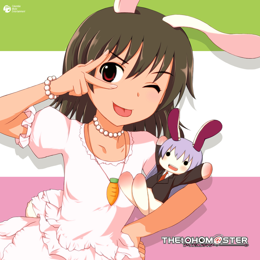 :p animal_ears blazer brown_hair bunny_ears bunny_tail carrot carrot_necklace character_doll highres idolmaster inaba_tewi jacket jewelry mikuru_beam necklace necktie one_eye_closed parody pendant red_eyes reisen_udongein_inaba solo supuzawa tail tongue tongue_out touhou