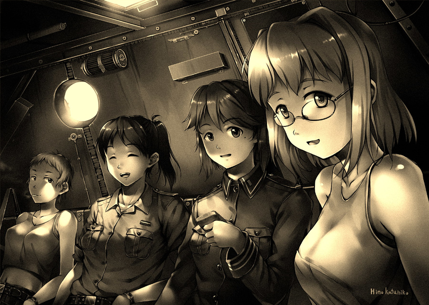 :d ^_^ anna_blume artist_name bare_shoulders belt breasts cigarette cl cleavage closed_eyes filicia_heideman glasses highres hino_katsuhiko martina_syrovy midriff military military_uniform miyaoka_yukiko mole mole_under_eye monochrome multiple_girls navel open_mouth ponytail sepia short_hair smile smoking sora_no_woto tank_top uniform watch