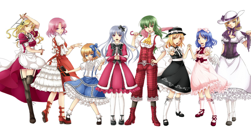 alice_margatroid alice_margatroid_(pc-98) ankle_lace-up ascot blonde_hair blue_eyes blue_hair bobby_socks book boots bow closed_umbrella corset cross-laced_footwear dagger dress frills garter_straps geike green_hair grimoire grimoire_of_alice hair_bow hand_on_hip hat highres holding_hands interlocked_fingers jpeg_artifacts kazami_yuuka kazami_yuuka_(pc-98) knife lace-up_boots legs lineup long_hair luize mai_(touhou) multiple_girls mystic_square pants pantyhose pantyhose_under_trousers petticoat pink_eyes pink_hair plaid plaid_pants purple_eyes red_eyes sara_(touhou) shawl shinki short_hair silver_hair socks thighhighs touhou touhou_(pc-98) umbrella weapon yellow_eyes yuki_(touhou) yumeko