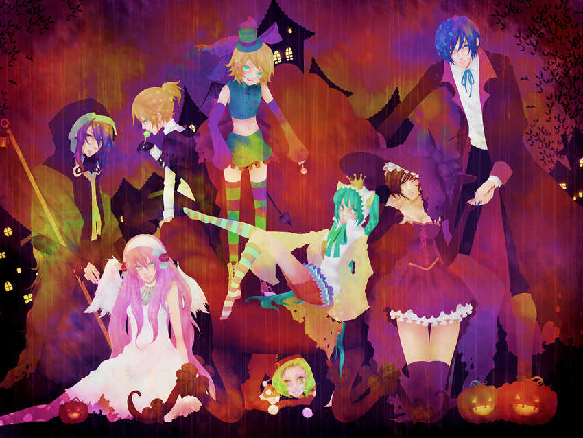 5girls aqua_hair blonde_hair blue_hair crown green_hair gumi halloween hat hatsune_miku highres jack-o'-lantern kagamine_len kagamine_rin kaito kamui_gakupo megurine_luka meiko mini_hat mini_top_hat multiple_boys multiple_girls nironiro0427 pink_hair pumpkin purple_hair top_hat vocaloid wings witch_hat