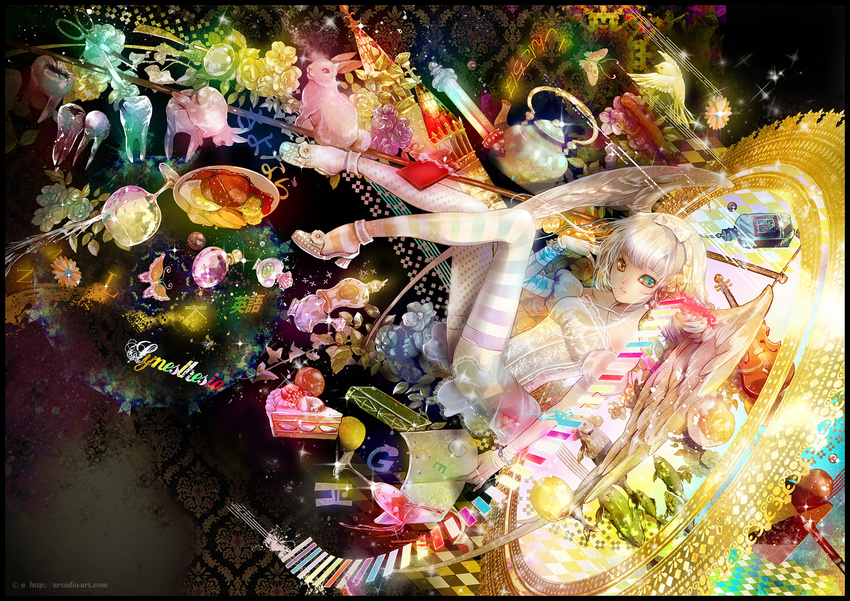 bird bottle bracelet bug bunny butterfly cake chocolate colorful dress fish food hairband head_wings heterochromia insect instrument jewelry long_hair original plate see-through solo striped striped_legwear teapot teeth thighhighs violin white_hair yuu_(arcadia)