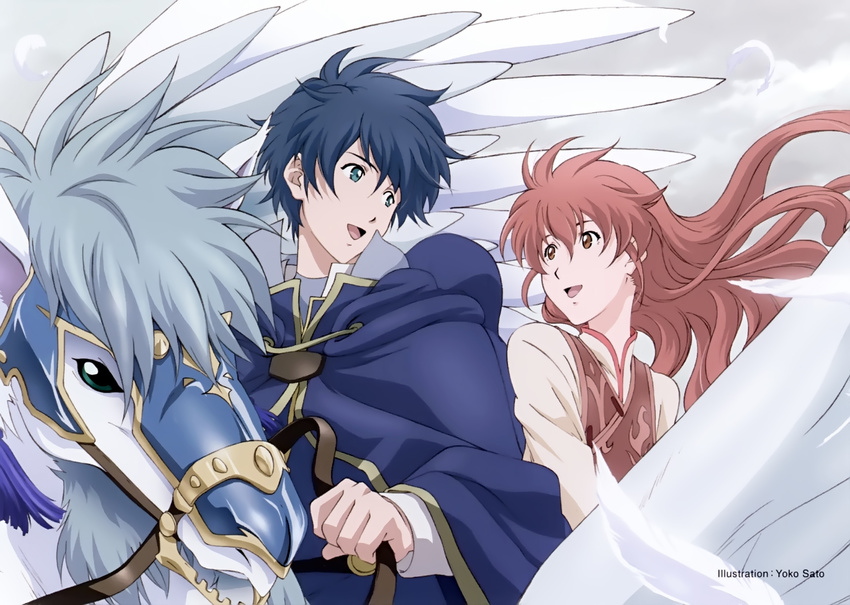 1girl artist_request blue_hair brown_eyes brown_hair cielo_(romeo_x_juliet) couple green_eyes happy hetero highres juliet_fiammatta_ars_de_capulet multiple_riders official_art pegasus riding romeo_candore_de_montague romeo_x_juliet scan wings