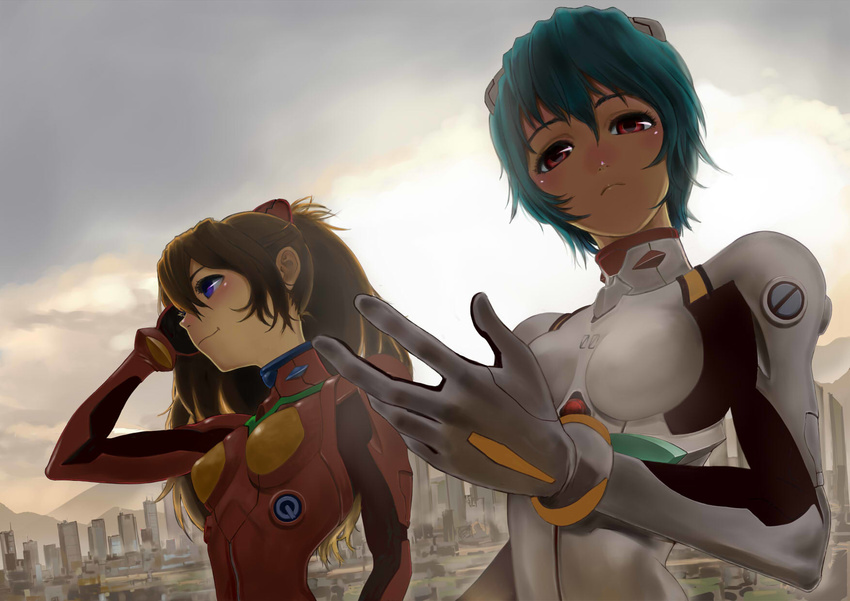 adjusting_hair ayanami_rei blue_eyes blue_hair blush bodysuit brown_hair building cloud highres long_hair looking_down manbou_(manvow) multiple_girls neon_genesis_evangelion plugsuit red_eyes shikinami_asuka_langley short_hair sky smile souryuu_asuka_langley upper_body white_bodysuit