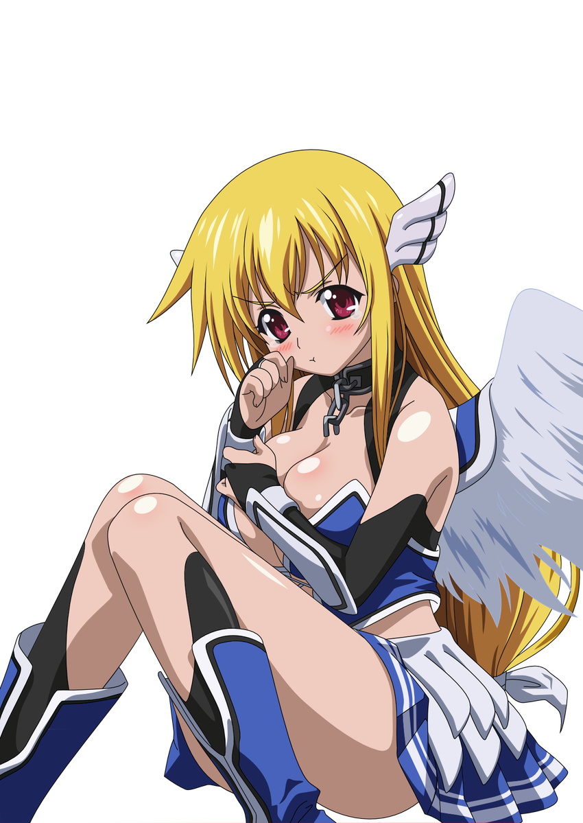 angel_wings astraea blonde_hair blush breasts chain cleavage highres large_breasts long_hair red_eyes sitting skirt solo sora_no_otoshimono tears torasen torasen_(artist) wings