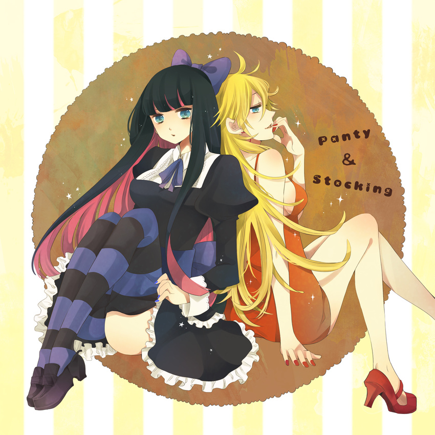 ahoge back-to-back bad_id bad_pixiv_id blonde_hair blue_eyes bow breasts dress hair_bow high_heels highres ichinose_(sorario) large_breasts multicolored_hair multiple_girls panty_&amp;_stocking_with_garterbelt panty_(psg) shoes sideboob sitting stocking_(psg) striped striped_legwear thighhighs two-tone_hair zettai_ryouiki