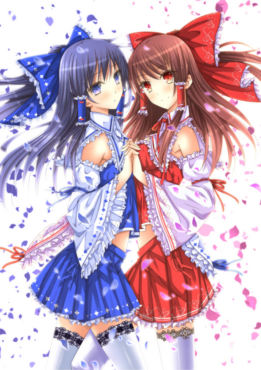 :o alternate_color bad_id bad_pixiv_id bare_shoulders black_hair blue_eyes bow brown_hair detached_sleeves dual_persona embellished_costume frills hair_bow hakurei_reimu highres holding_hands lace lace-trimmed_thighhighs long_hair midriff multiple_girls palette_swap petals player_2 red_eyes smile swordsouls symbol-shaped_pupils thighhighs touhou white_legwear white_sleeves zettai_ryouiki