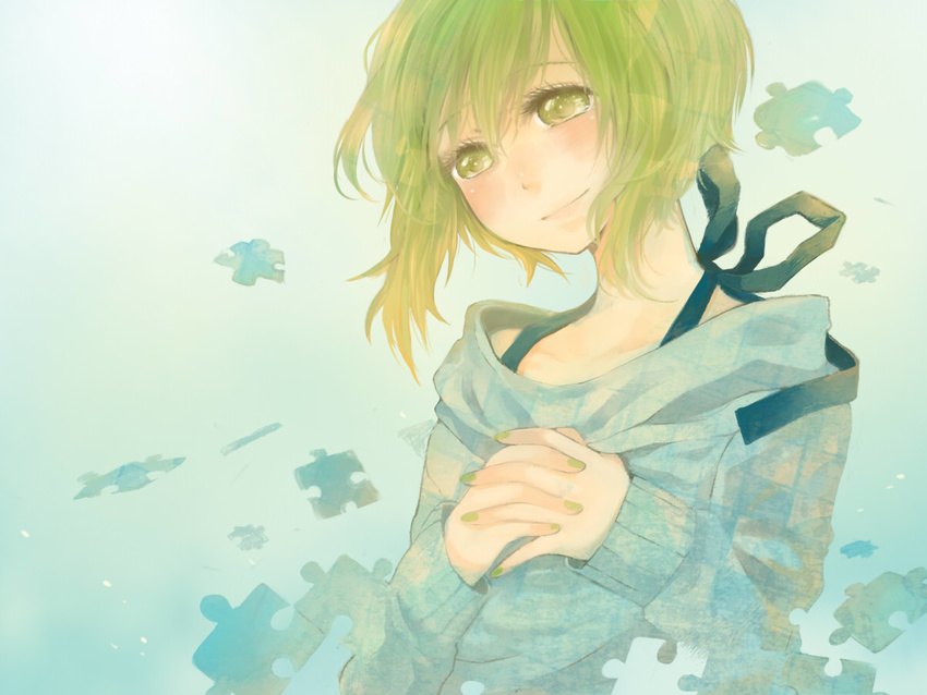 bad_id bad_pixiv_id green_eyes green_hair gumi jigsaw_puzzle nemutagari puzzle puzzle_piece short_hair smile solo tears vocaloid