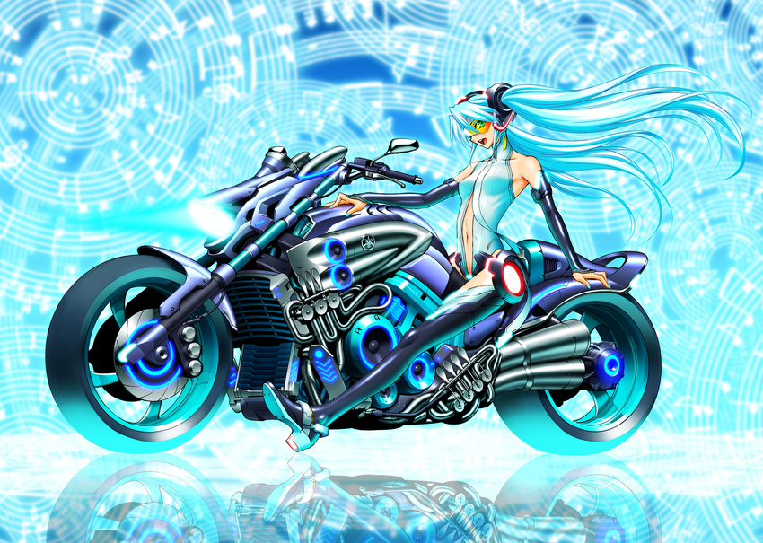 absurdres aqua_hair bad_id bad_pixiv_id company_connection elbow_gloves fingerless_gloves gloves green_eyes ground_vehicle hatsune_miku hatsune_miku_(append) highres long_hair motor_vehicle motorcycle navel necktie neon_trim smile solo soukuu thighhighs twintails very_long_hair vocaloid vocaloid_append yamaha