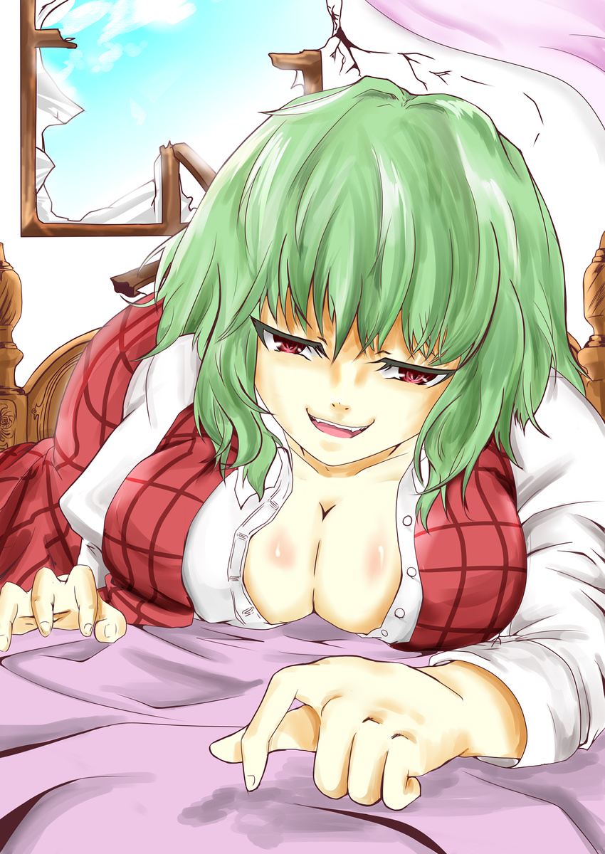 bad_id bad_pixiv_id bed breasts broken_window cleavage green_hair highres kazami_yuuka large_breasts maxwell_manzoku naughty_face open_clothes open_shirt plaid plaid_skirt plaid_vest pov red_eyes shirt short_hair skirt skirt_set slit_pupils smile solo touhou vest