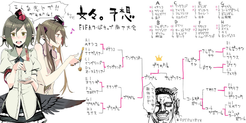 2010_fifa_world_cup 2girls black_wings bracket cellphone chart didier_drogba fakepucco hat highres himekaidou_hatate multiple_girls necktie partially_translated phone pointy_ears shameimaru_aya tokin_hat touhou translation_request twintails wings world_cup