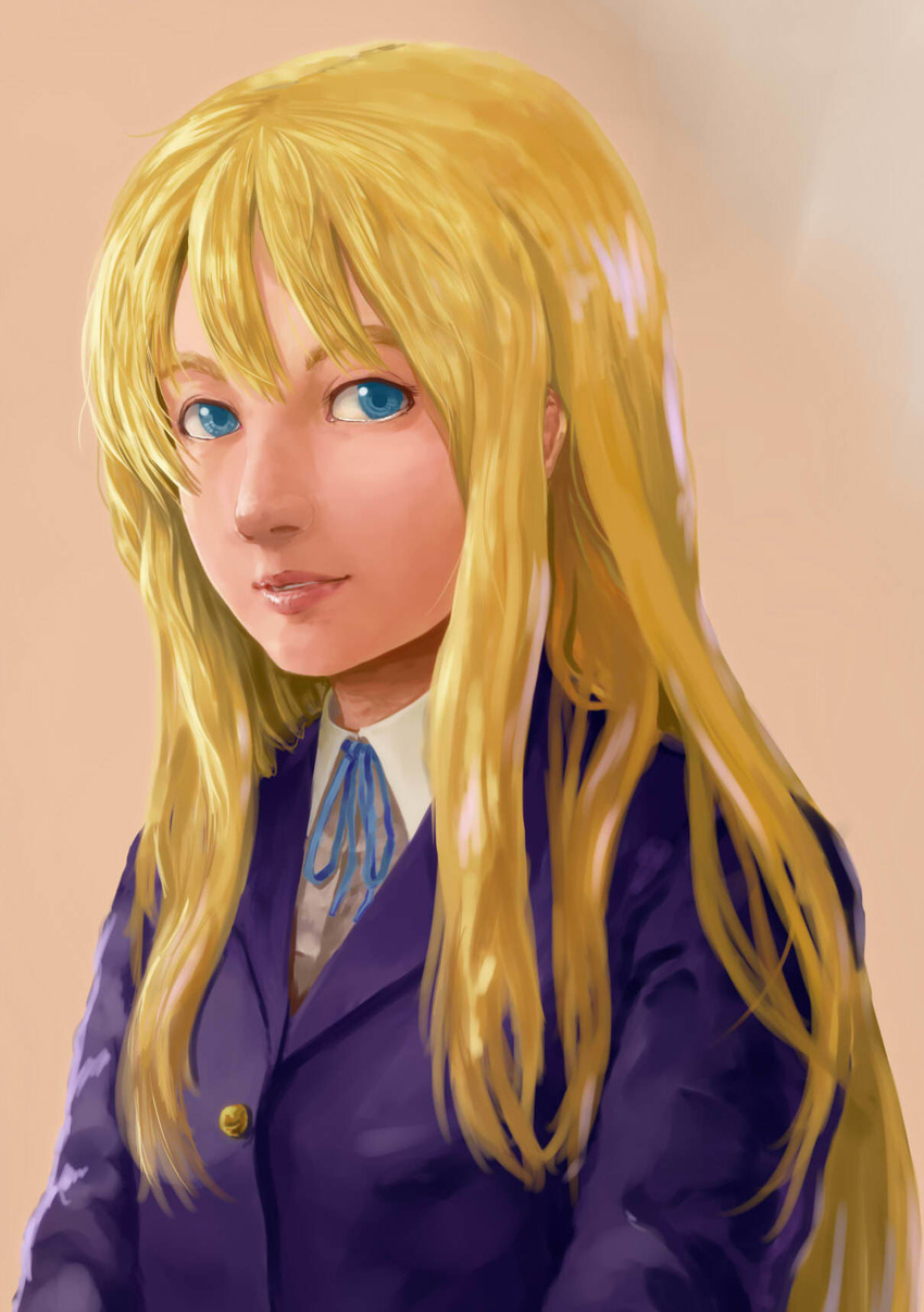 blonde_hair blue_eyes eyebrows highres k-on! kotobuki_tsumugi lips long_hair realistic school_uniform solo tsukikase