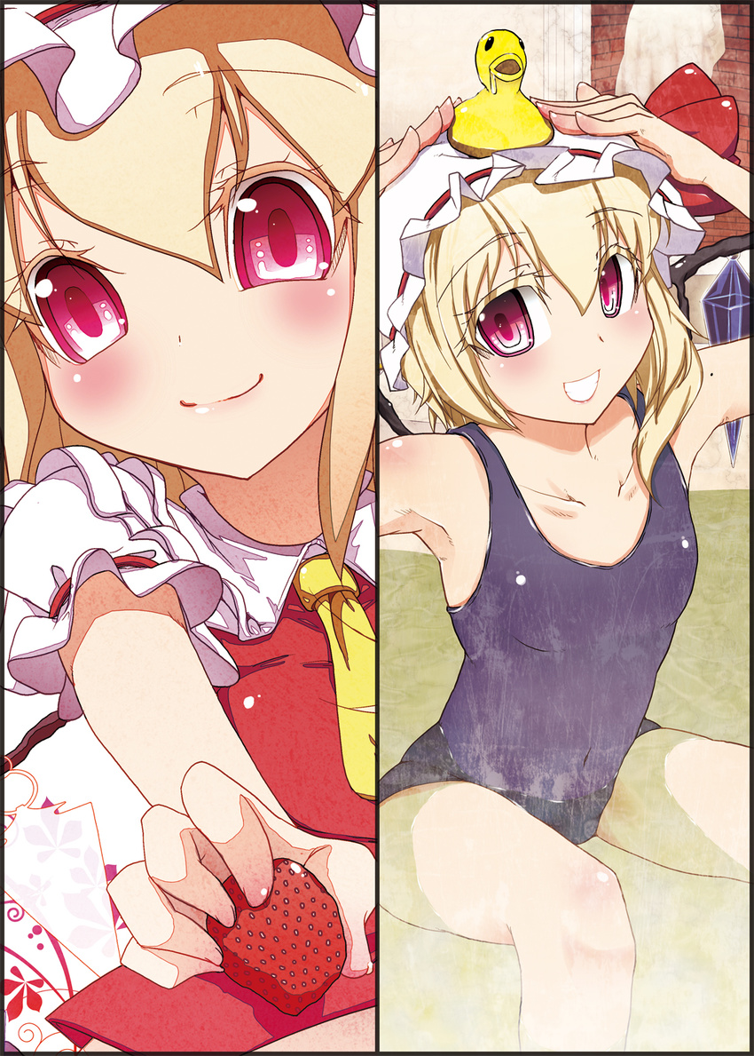 blonde_hair flandre_scarlet food fruit hat highres one-piece_swimsuit ponytail red_eyes rougetsu_(eclipse) short_hair side_ponytail strawberry swimsuit touhou wings
