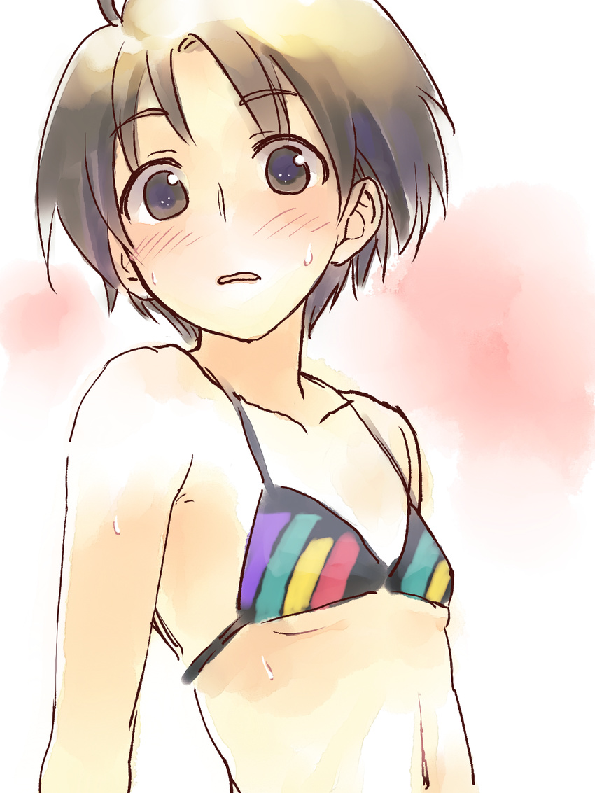 blush face flat_chest highres idolmaster idolmaster_(classic) kikuchi_makoto short_hair solo sweat yuuki_keisuke