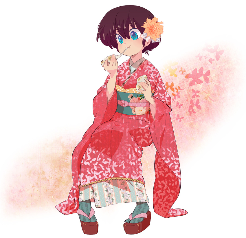 alternate_hairstyle apple-boy blue_eyes eating full_body genderswap genderswap_(mtf) highres japanese_clothes kimono ranma-chan ranma_1/2 red_hair saotome_ranma solo