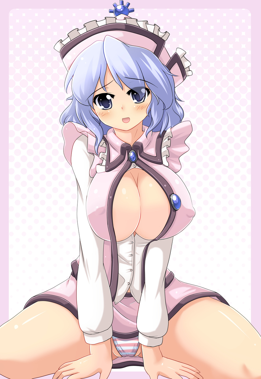 absurdres blue_eyes blush breasts chuuten_(clam_chowder) cleavage hat highres large_breasts merlin_prismriver panties short_hair solo spread_legs striped striped_panties touhou underwear white_hair