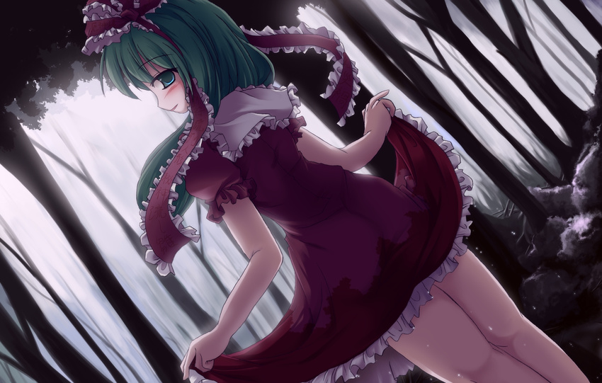 back blush dress dress_lift forest frilled_dress frills green_eyes green_hair hair_ribbon highres kagiyama_hina long_hair looking_back lzh nature ribbon smile solo touhou tree