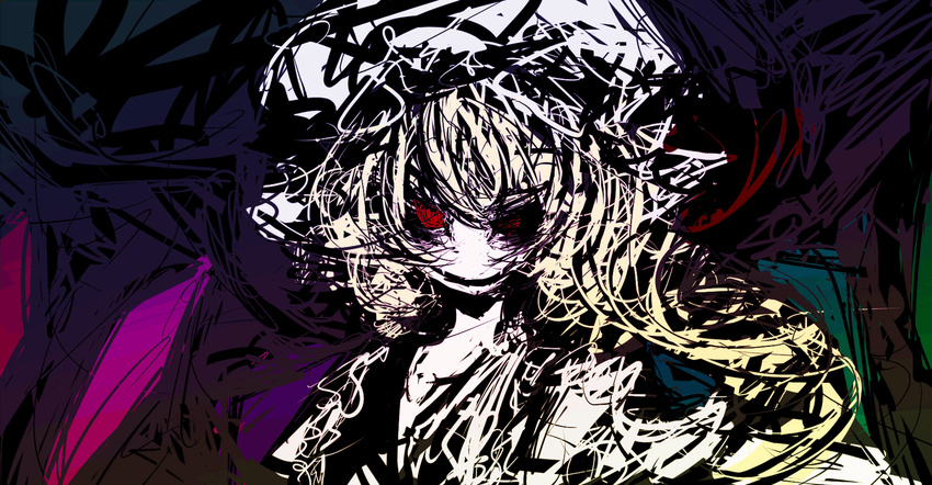 bad_id bad_pixiv_id blonde_hair collarbone empty_eyes f7(eiki) flandre_scarlet hat heterochromia long_hair looking_at_viewer mob_cap red_eyes shaded_face side_ponytail solo touhou upper_body