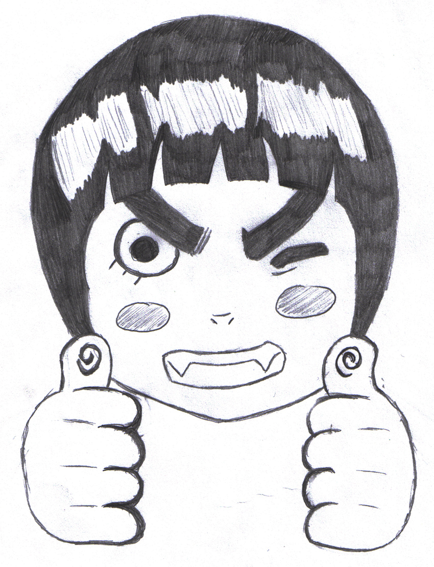 blush_stickers fangs graphite_(medium) greyscale highres lee27 male_focus monochrome naruto naruto_(series) ninja rock_lee scan self_upload sketch solo traditional_media