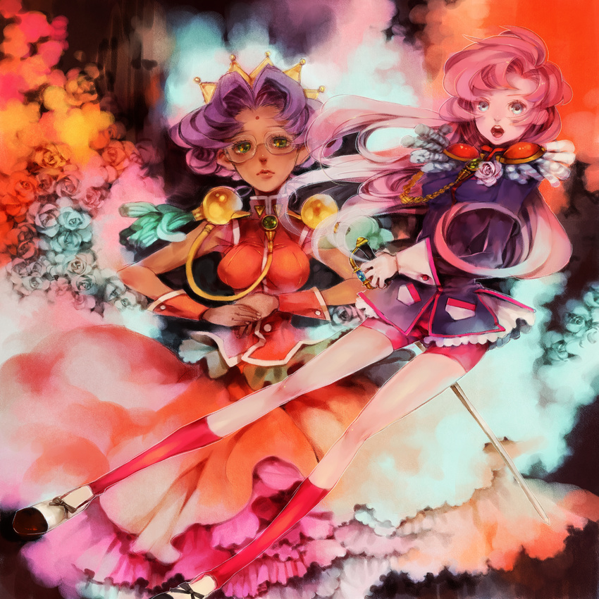 aiguillette bad_id bad_pixiv_id blue_eyes dark_skin dress epaulettes flower glasses green_eyes highres himemiya_anthy long_hair multiple_girls out_(sxd) pink_hair purple_hair rose short_hair shoujo_kakumei_utena sword tenjou_utena weapon