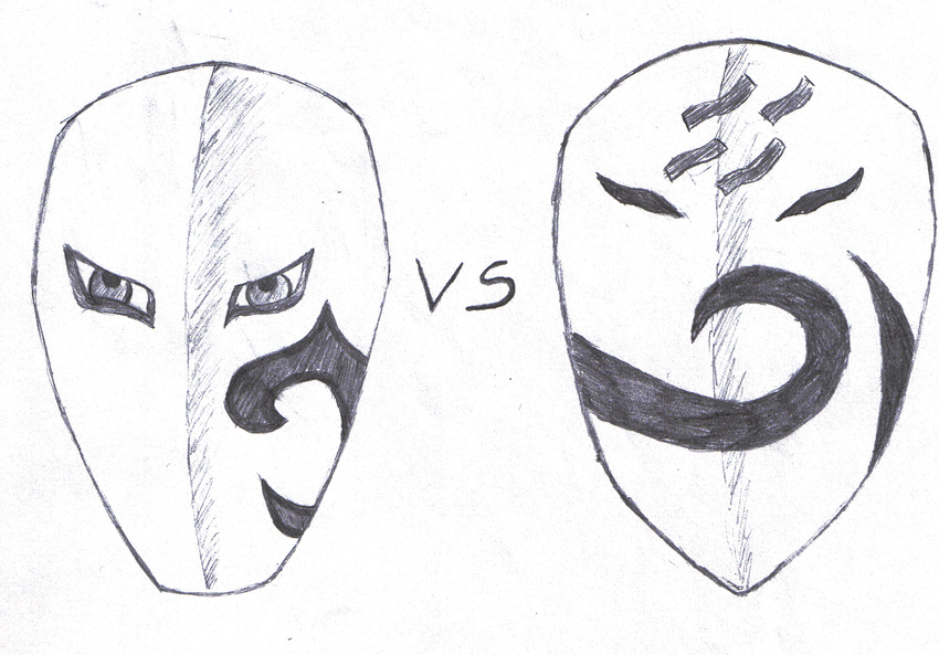 capcom crossover graphite_(medium) greyscale haku_(naruto) highres kirigakure_symbol lee27 mask monochrome naruto naruto_(series) scan self_upload sketch street_fighter traditional_media vs