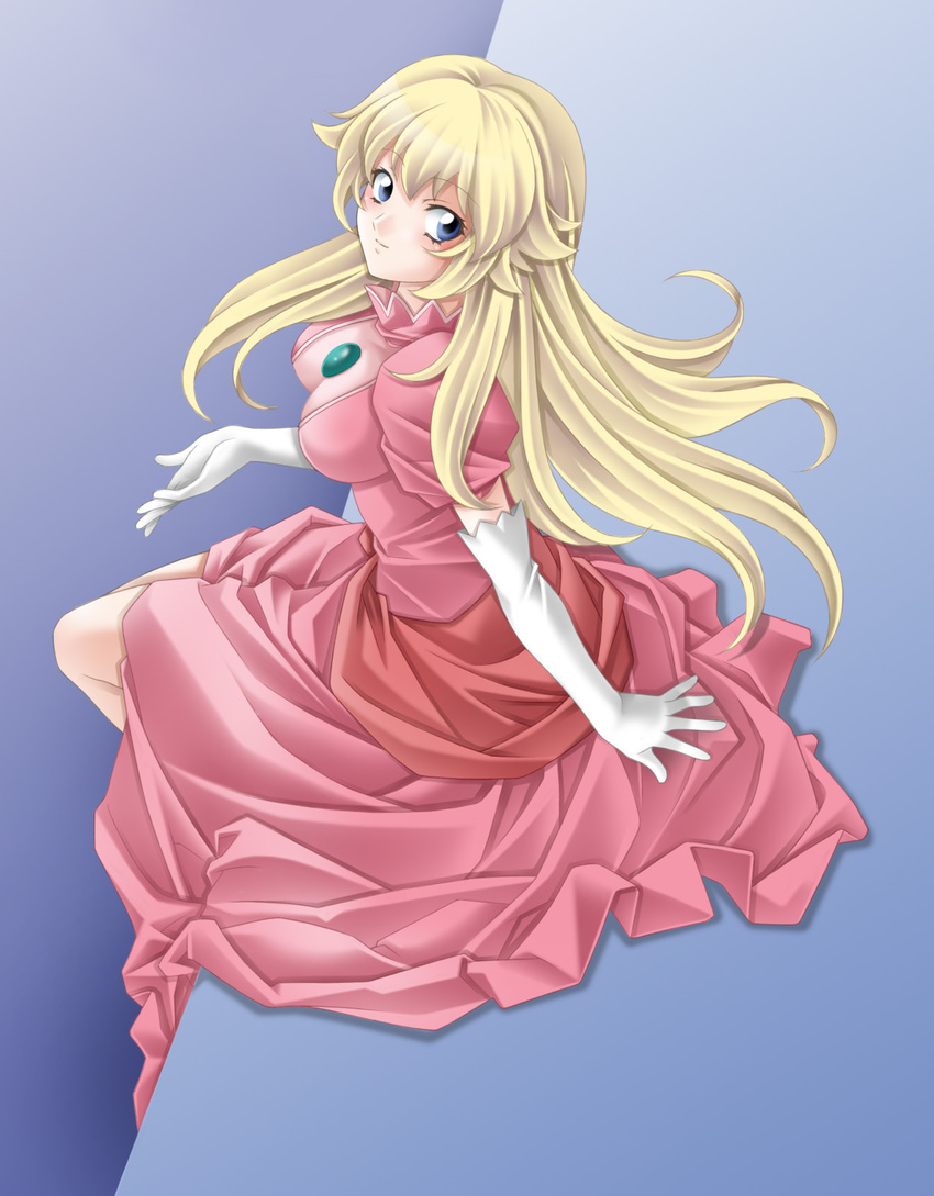 blonde_hair blue_eyes breasts cleavage dress elbow_gloves gloves highres large_breasts long_hair mario_(series) no_hat no_headwear pink_dress princess_peach sitting solo super_mario_bros. tamamon