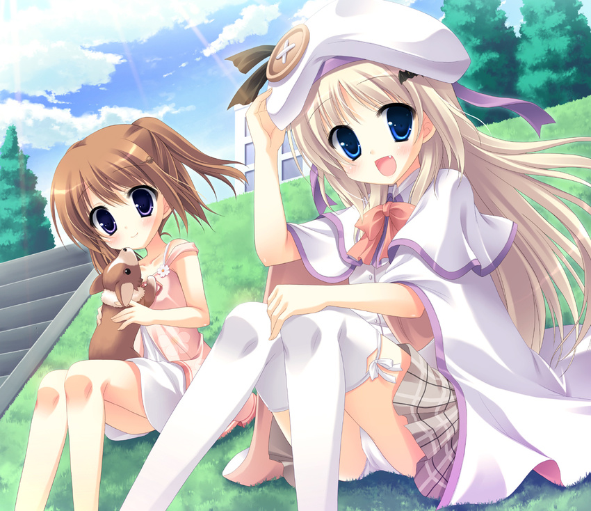 :d arizuki_shiina blonde_hair blue_eyes blush brown_hair cape dog fang hat kud_wafter little_busters! multiple_girls noumi_kudryavka open_mouth panties pantyshot purple_eyes school_uniform silver_hair skirt smile thighhighs twintails underwear white_panties yukie_(peach_candy)