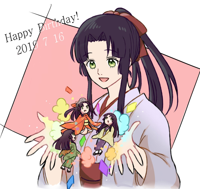 1girl bangs birthday black_hair blunt_bangs blush bow commentary_request dated eyebrows_visible_through_hair gintama green_eyes hair_bow haori happy_birthday high_ponytail highres japanese_clothes kimono long_hair multiple_persona obi open_hands open_mouth ponytail sash sidelocks smile solo tokugawa_soyo wide_sleeves yatsuo