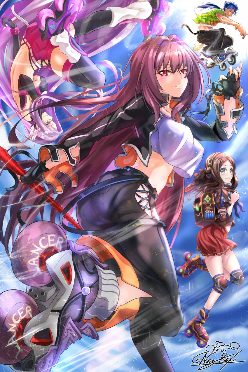 1boy 3girls absurdres air_gear backpack bag black_gloves black_jacket black_legwear black_pants blue_background blue_hair bracelet breasts brown_hair closed_mouth contemporary crop_top crop_top_overhang fate/grand_order fate_(series) gae_bolg glasses gloves green_eyes hair_intakes hawaiian_shirt highres holding holding_spear holding_weapon huge_filesize jacket jewelry knee_pads lancer leonardo_da_vinci_(fate/grand_order) leonardo_da_vinci_(rider)_(fate) long_hair looking_at_viewer midriff multiple_girls nez-kun pants parody pink_shorts polearm ponytail purple_hair red_eyes red_skirt rider roller_skates scathach_(fate)_(all) scathach_(fate/grand_order) shirt shorts signature skates skirt smile spear tank_top thighhighs underboob upside-down weapon white_shirt