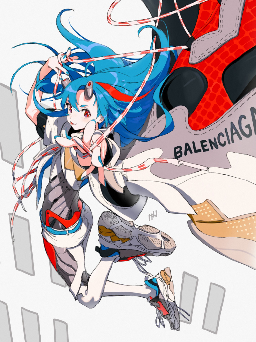 1girl :p absurdres balenciaga balenciaga_triple_s blue_hair blue_nails floating_hair full_body hako_(mypixid) highres long_hair looking_at_viewer nail_polish personification reaching_out red_eyes shoe_strap shoes sneakers solo tongue tongue_out