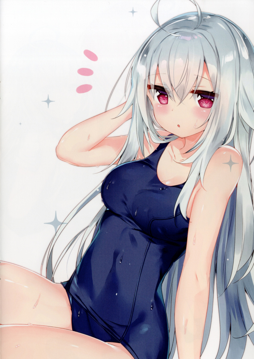 1girl ahoge arm_support arm_up bangs bare_arms bare_shoulders blue_swimsuit blush breasts cleavage covered_navel dutch_angle eyebrows_visible_through_hair hair_between_eyes hand_up highres kamioka_shun'ya long_hair looking_at_viewer medium_breasts old_school_swimsuit one-piece_swimsuit original parted_lips pink_eyes purple_eyes school_swimsuit shiny shiny_hair shiny_skin shiori_(kamioka_shun'ya) silver_hair simple_background sitting solo sparkle swimsuit water water_drop wet white_background