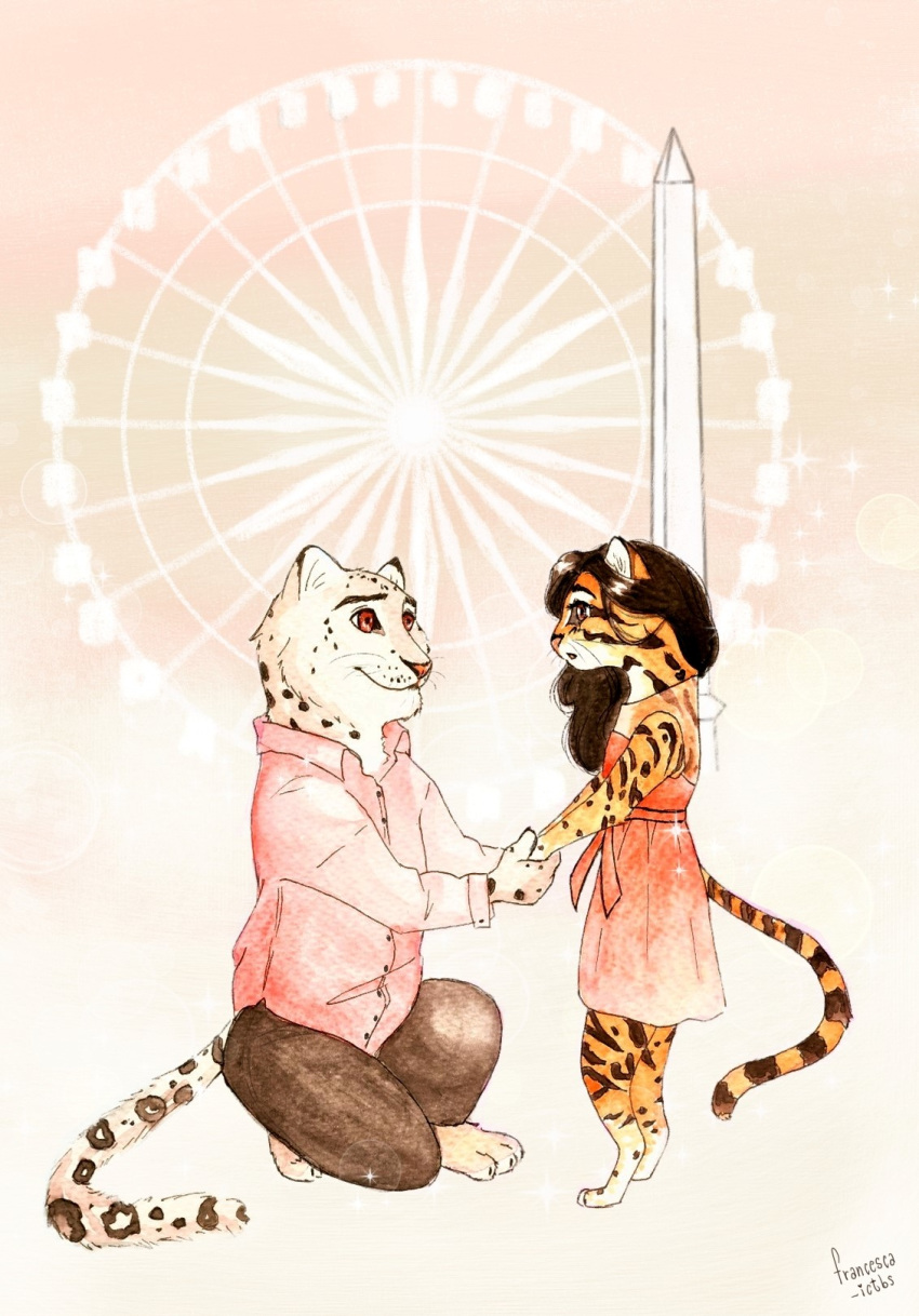 clothing dress eye_to_eye felid feline ferris_wheel francesca-ictbs hi_res kneeling_down leopardus love mammal obelisk ocelot pantherine paris proposal smile snow_leopard