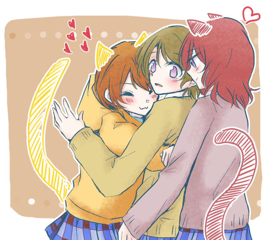 3girls animal_ears blathvean blush brown_hair drawn_ears drawn_tail heart hoshizora_rin koizumi_hanayo long_sleeves looking_at_another love_live! love_live!_school_idol_project medium_hair multiple_girls nishikino_maki open_mouth otonokizaka_school_uniform purple_eyes red_hair school_uniform short_hair simple_background skirt smile sweater tail yuri