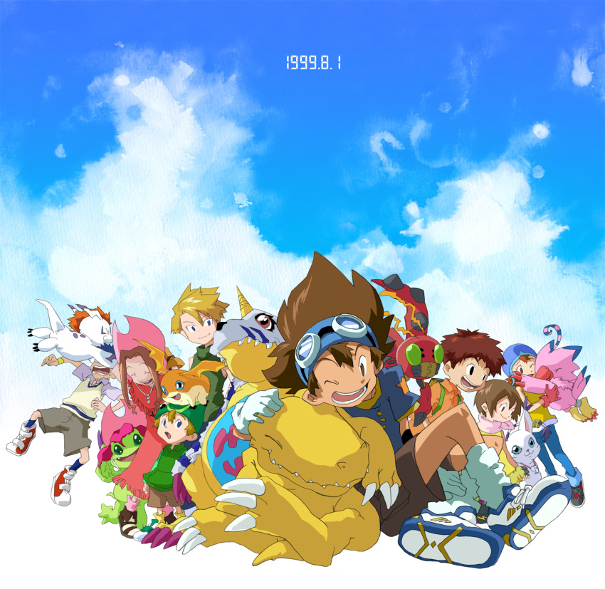 3girls 5boys agumon blonde_hair blue_eyes blue_hair brown_eyes brown_hair building closed_mouth commentary_request digimon digimon_adventure dress everyone gabumon glasses gloves goggles gomamon hat helmet highres ishida_yamato izumi_koushirou kadenden kido_jou long_hair multiple_boys multiple_girls open_mouth orange_hair outdoors palmon patamon piyomon shirt short_hair sky smile tachikawa_mimi tailmon takaishi_takeru takenouchi_sora tentomon yagami_hikari yagami_taichi yellow_shirt