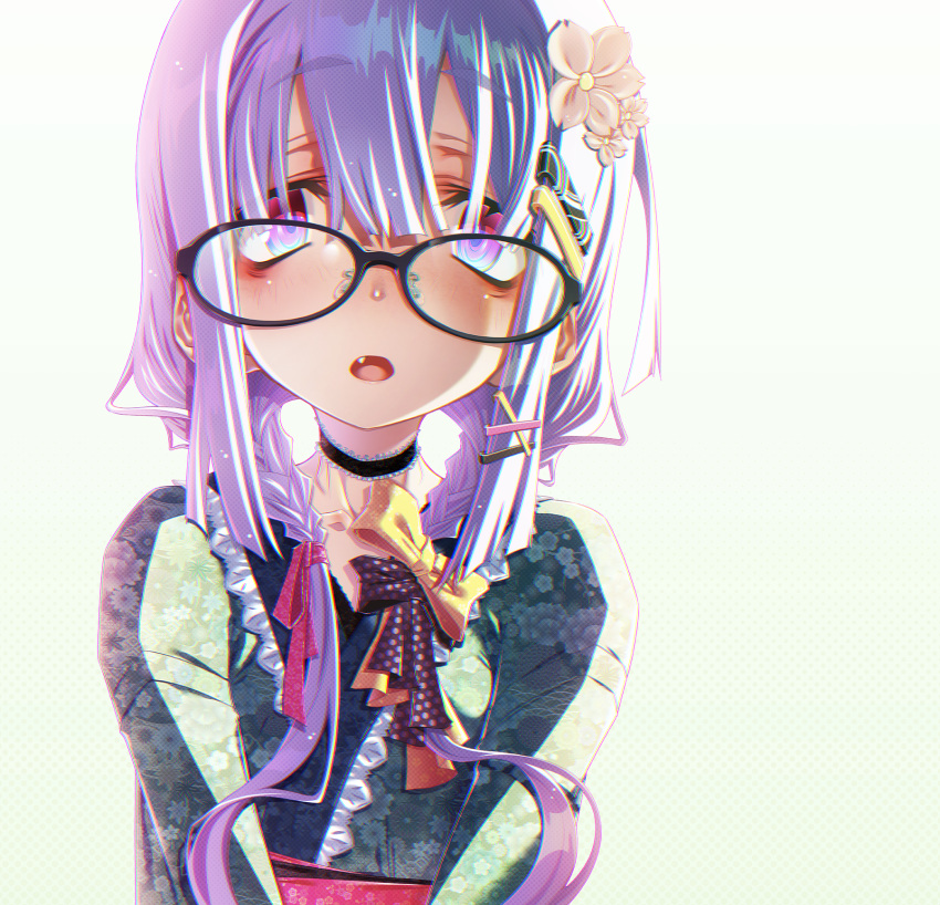 1girl bangs blunt_bangs bow braid choker close-up eyebrows_visible_through_hair face fang flower freckles glasses hair_between_eyes hair_bow hair_flower hair_ornament hair_ribbon hairclip highres japanese_clothes kimono long_hair looking_at_viewer obi open_mouth original purple_hair red_eyes ribbon sakuya_tsuitachi sash solo twin_braids white_background