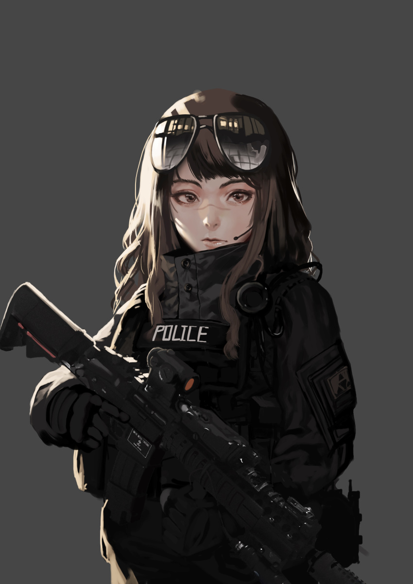 absurdres ar-15 aviator_sunglasses brown_eyes brown_hair facial_scar flak_jacket gun headset high_collar highres ihobus looking_at_viewer medium_hair nose_scar original police reflection rifle scar sight simple_background sunglasses trigger_discipline weapon