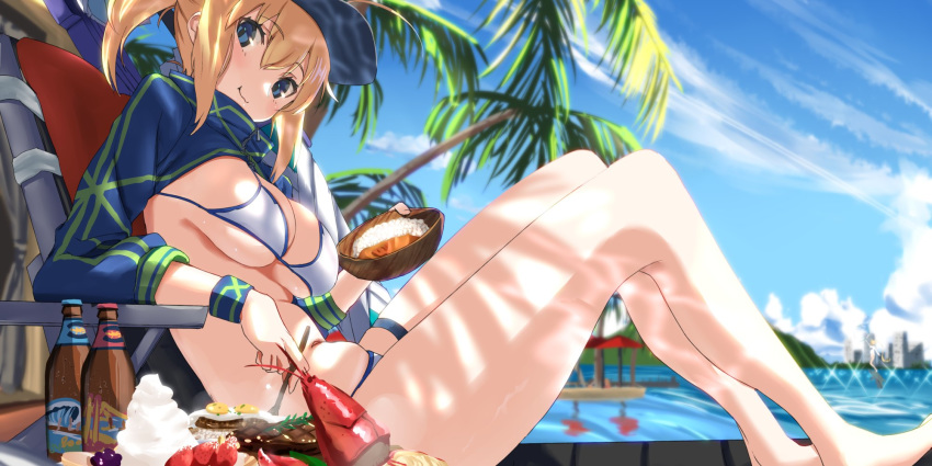 1girl artoria_pendragon_(all) baseball_cap bikini blue_eyes blush bottle breasts cleavage curry curry_rice eating fate/grand_order fate_(series) food fried_egg fruit hat highres jacket large_breasts lobster looking_at_viewer lying medium_hair mysterious_heroine_xx_(foreigner) navel rice solo steak strawberry swimsuit thigh_strap tsuuhan utensil white_bikini wristband