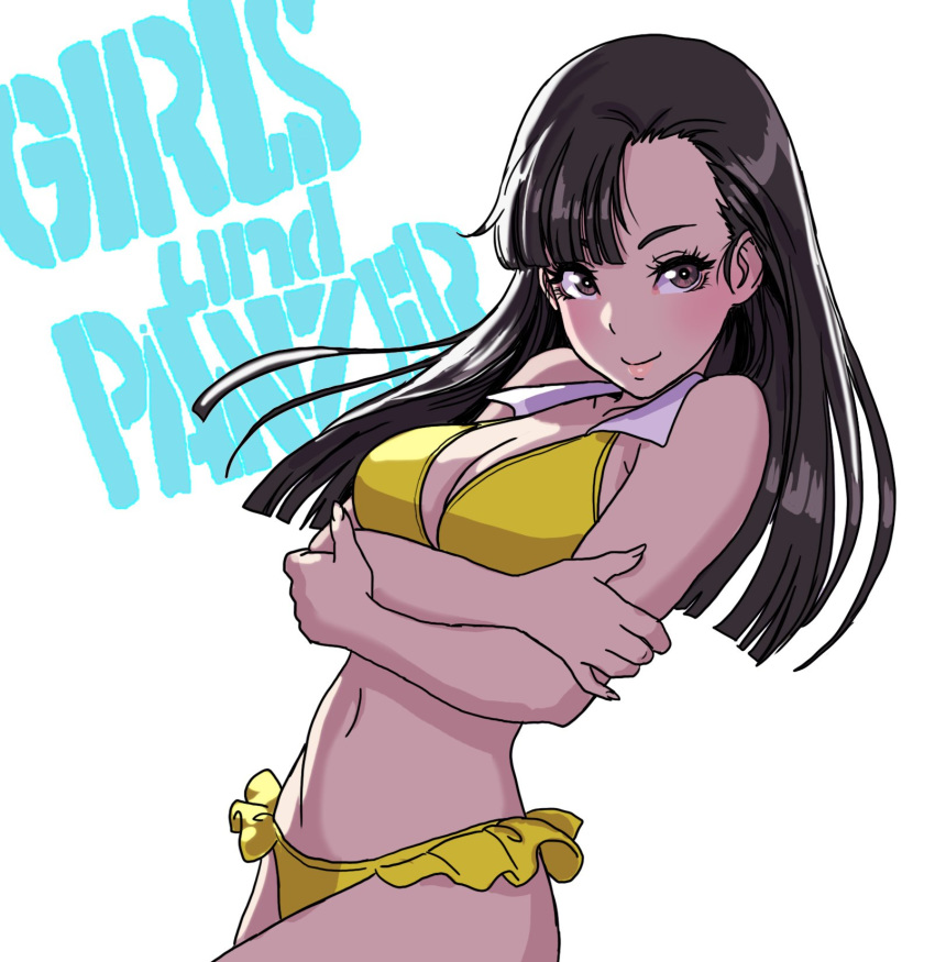 1girl bangs bare_arms bare_shoulders bikini black_hair breast_hold breasts brown_hair cleavage closed_mouth collarbone commentary_request copyright_name crossed_arms fingernails girls_und_panzer highres lips long_hair looking_at_viewer medium_breasts navel nishi_kinuyo parted_bangs shiny shiny_hair simple_background smile solo stomach swimsuit white_background yamashita_shun'ya yellow_bikini