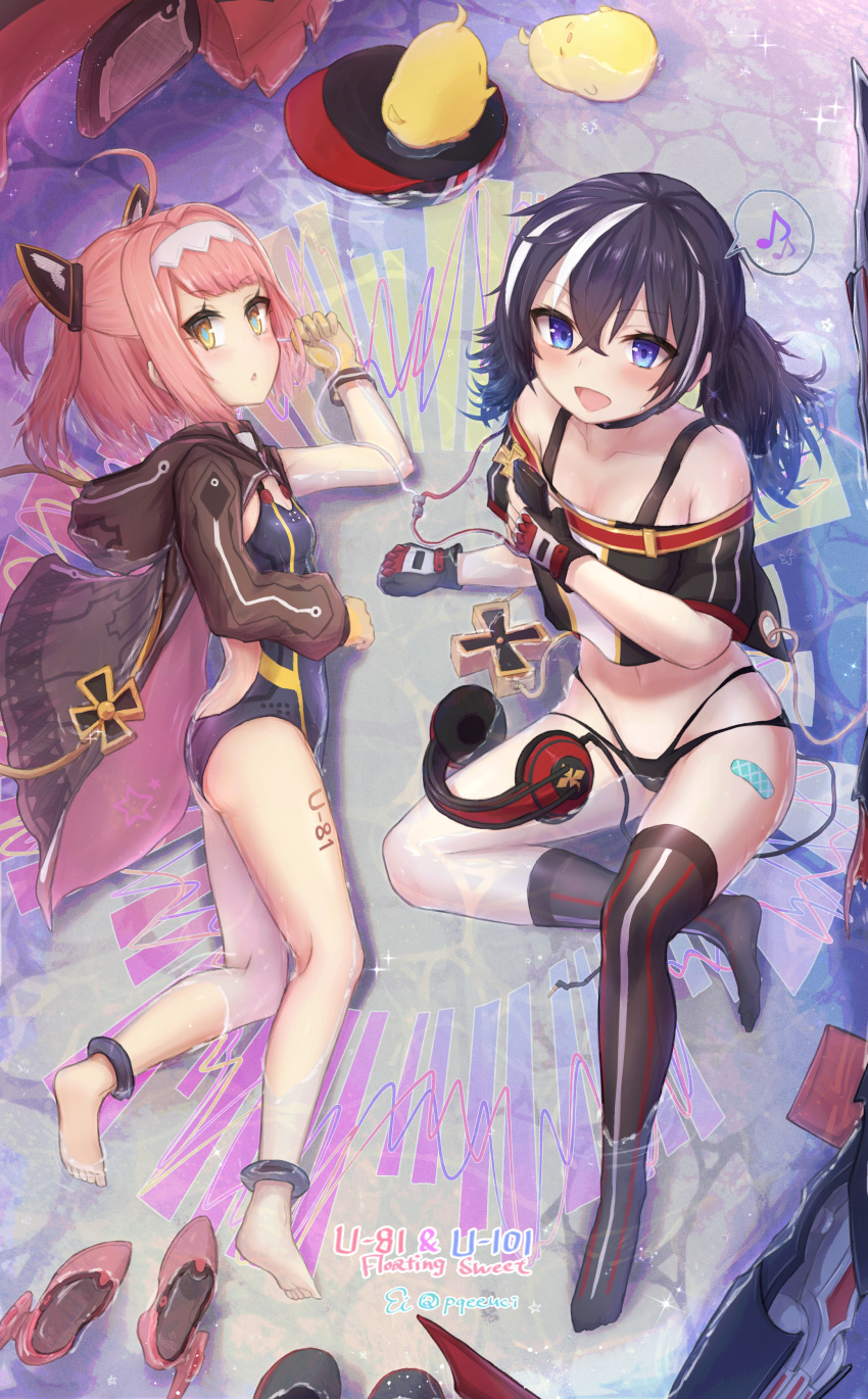 1girl 2girls absurdres azur_lane backless_swimsuit beach black_hair black_legwear blue_eyes blush breasts character_name collarbone eicam fingerless_gloves gloves hat headpiece highres huge_filesize iron_cross jacket looking_at_viewer low_twintails lying manjuu_(azur_lane) multiple_girls musical_note navel open_mouth pink_hair small_breasts swimsuit thighhighs twintails u-101_(azur_lane) u-81_(azur_lane) water yellow_eyes