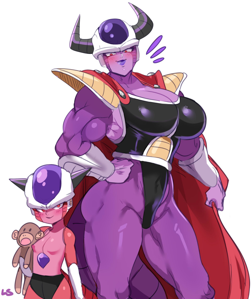 alien armor blush breasts cape cleavage clothed clothing crossgender daughter dragon_ball female frieza haplorhine hi_res horn king_cold lightsource mammal monkey mother mother_and_daughter parent pink_skin plushie primate purple_skin red_eyes small_breasts