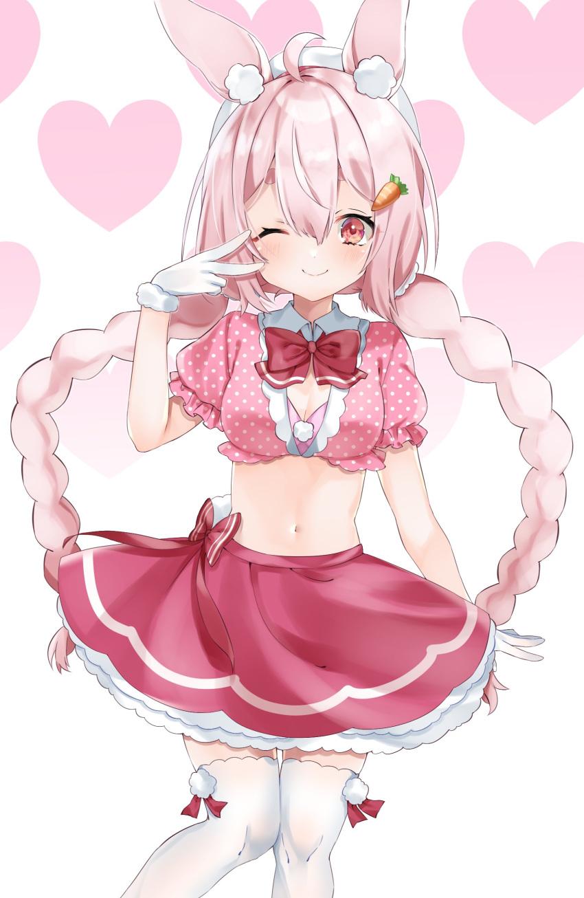 1girl abe_suke absurdres ahoge animal_ear_fluff animal_ears arm_up braid breasts bunny_ears carrot_hair_ornament cleavage crop_top food_themed_hair_ornament gloves hair_ornament hairclip hand_on_own_face hat heart highres long_hair low_twintails midriff navel one_eye_closed pink_eyes pink_hair pink_shirt pink_skirt polka_dot polka_dot_shirt shirt simple_background skirt small_breasts smile solo thighhighs tomari_mari tomari_mari_channel twin_braids twintails very_long_hair virtual_youtuber white_background white_gloves white_headwear white_legwear