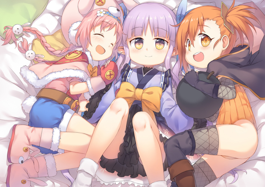 3girls :d ^_^ akane_mimi animal_ears animal_hat bangs bed_sheet black_cape black_gloves black_legwear blue_hairband blue_ribbon blue_shorts blush bomb boots bow braid brown_eyes brown_footwear bunny_ears bunny_hair_ornament bunny_hat cape capelet closed_eyes closed_mouth commentary_request elbow_gloves eyebrows_visible_through_hair fake_animal_ears fingerless_gloves fishnet_legwear fishnets flower fred04142 fur-trimmed_capelet fur_trim girl_sandwich gloves grey_legwear hair_between_eyes hair_flower hair_ornament hair_ribbon hairband hat hikawa_kyoka hodaka_misogi holding_hands hood hood_down hooded_cape japanese_clothes kimono knee_boots knees_up leotard long_hair low_twintails lying mittens multiple_girls on_back on_side open_mouth orange_bow orange_eyes orange_hair orange_leotard pillow pink_capelet pink_hair pink_headwear pink_shirt pointy_ears princess_connect! princess_connect!_re:dive puffy_short_sleeves puffy_sleeves purple_hair purple_kimono red_mittens ribbed_leotard ribbon ribbon_trim round_teeth sandwiched shirt short_shorts short_sleeves shorts smile teeth twin_braids twintails upper_teeth very_long_hair white_flower white_legwear
