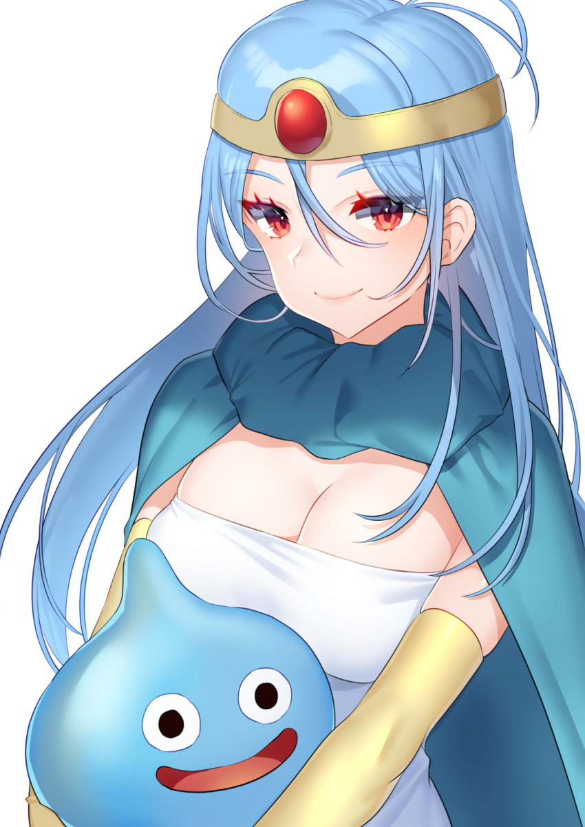 1girl :d bangs blue_cape blue_hair blush breasts cape circlet cleavage closed_mouth dragon_quest dragon_quest_iii dress elbow_gloves eyebrows_visible_through_hair gloves hair_between_eyes highres large_breasts mizuki_eiru_(akagi_kurage) open_mouth red_eyes sage_(dq3) simple_background skindentation slime slime_(dragon_quest) smile strapless strapless_dress upper_body white_background white_dress yellow_gloves