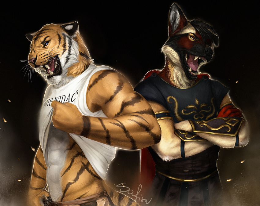 2019 anthro black_background canid canine canis clothed clothing digital_media_(artwork) domestic_dog duo felid fur german_shepherd herding_dog male mammal open_mouth orange_fur pantherine pastoral_dog safiru simple_background standing teeth tiger tongue whiskers