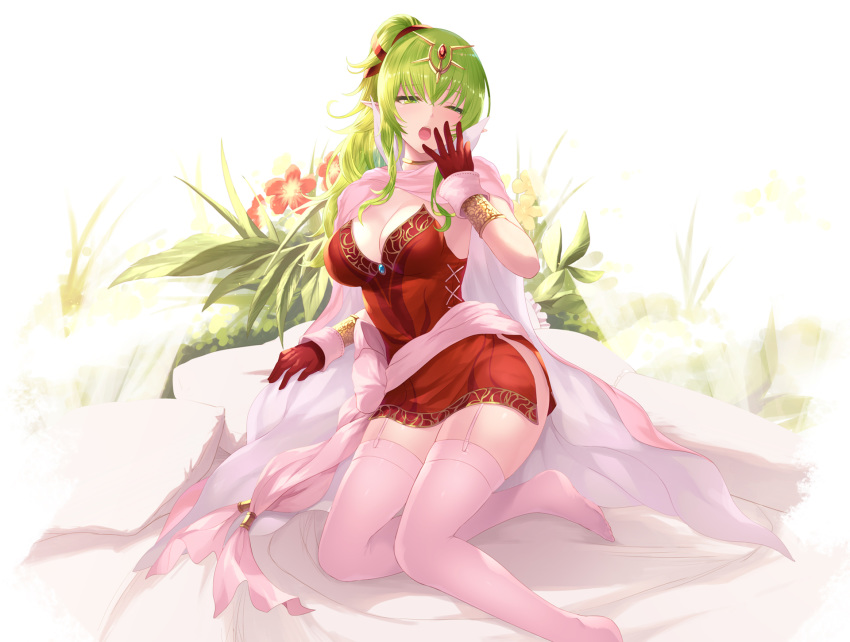 1girl blush bracelet breasts cait cape dress fire_emblem full_body garter_straps gloves green_eyes green_hair hair_ornament hair_ribbon hand_up highres jewelry long_hair looking_at_viewer mamkute open_mouth pointy_ears ponytail red_dress ribbon short_dress side_slit sitting solo strapless strapless_dress thighhighs tiara tiki_(fire_emblem) yawning yokozuwari
